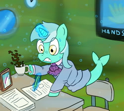 Size: 700x623 | Tagged: safe, artist:fadri, character:lyra heartstrings, chair, clothing, coffee, framed picture, magic, merpony, paper, seapony lyra