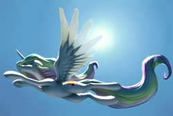 Size: 3048x2048 | Tagged: safe, artist:nadnerbd, character:princess celestia, backlighting, belly, belly button, cute, cutelestia, female, floppy ears, flying, from below, frown, lidded eyes, low angle, missing accessory, sidemouth, sky, solo, spread wings, subsurface scattering, sun, sunlight, underhoof, windswept mane, wings