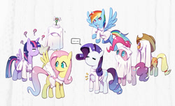 Size: 1428x867 | Tagged: safe, artist:sweetsound, artist:xin yu hua yin, character:applejack, character:fluttershy, character:pinkie pie, character:rainbow dash, character:rarity, character:twilight sparkle, character:twilight sparkle (alicorn), species:alicorn, species:pegasus, species:pony, species:unicorn, ..., applejack's hat, boob window, book, clothing, cowboy hat, dialogue, eyes closed, female, flying, group, hat, keyhole turtleneck, looking at you, looking back, mane six, mare, open-chest sweater, parasprite, pixiv, question mark, rainbow dash always dresses in style, silly, silly pony, simple background, smiling, speech bubble, spread wings, sweater, sweatershy, turtleneck, wardrobe misuse, we don't normally wear clothes, wings, you're doing it wrong