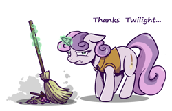 Size: 976x629 | Tagged: dead source, safe, artist:28gooddays, character:sweetie belle, broom, female, floppy ears, hilarious in hindsight, magic, simple background, solo, sweepy belle, sweetie belle is not amused, sweetie fail, telekinesis, unamused