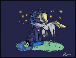 Size: 1355x1043 | Tagged: safe, artist:dreamingnoctis, character:derpy hooves, character:princess luna, species:pegasus, species:pony, ship:lunaderp, eyes closed, female, firefly, flying, lesbian, mare, s1 luna, shipping, sitting, traditional art, underhoof