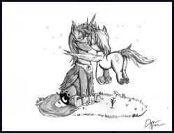Size: 1355x1043 | Tagged: safe, artist:dreamingnoctis, character:derpy hooves, character:princess luna, species:pegasus, species:pony, ship:lunaderp, eyes closed, female, firefly, flying, grayscale, lesbian, mare, monochrome, s1 luna, shipping, sitting, traditional art, underhoof