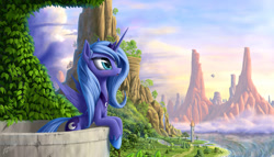 Size: 1944x1111 | Tagged: safe, artist:zigword, character:princess luna, species:alicorn, species:pony, :o, airship, balcony, beautiful, blimp, blushing, bridge, cliff, cloud, cloudy, cute, featured on derpibooru, female, grass, leaning, looking up, lunabetes, mare, mountain, ocean, river, road, s1 luna, scenery, scenery porn, shore, solo, spread wings, tower, tree, vine, water, waterfall, wave, wings