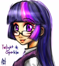 Size: 1400x1555 | Tagged: safe, artist:ereb-tauramandil, character:twilight sparkle, species:human, bust, female, glasses, humanized, solo