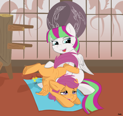Size: 1874x1768 | Tagged: safe, artist:bloss, character:blossomforth, character:scootaloo, species:pegasus, species:pony, assisted stretching, backbend, chest stand, contortion, contortionist, contortionista, contortionista-blossomforth, filly, flexible, open mouth, tongue out, training, underhoof
