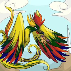 Size: 2000x2000 | Tagged: safe, artist:ponygoggles, character:scootaloo, species:bird, species:pegasus, species:pony, duo, female, filly, flying, foal, mother and child, mother and daughter, simurgh