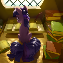 Size: 3316x3326 | Tagged: safe, artist:nadnerbd, character:twilight sparkle, character:twilight sparkle (unicorn), species:pony, species:unicorn, backlighting, book, both cutie marks, female, fluffy tail, high res, inkwell, looking at you, looking back, looking back at you, mare, quill, rear view, scroll, sitting, solo, window