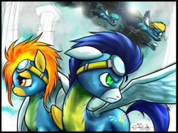 Size: 1500x1125 | Tagged: safe, artist:ereb-tauramandil, character:soarin', character:spitfire, character:surprise, species:pegasus, species:pony, ship:soarinfire, clothing, female, flying, goggles, male, mare, shipping, stallion, straight, uniform, wonderbolts, wonderbolts uniform