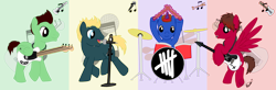 Size: 1520x500 | Tagged: safe, artist:karmadash, species:penguin, 5 seconds of summer, band, drums, guitar, microphone, ponified