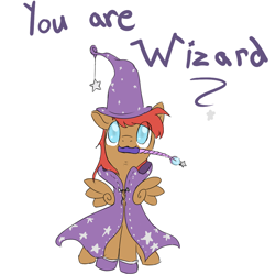 Size: 1000x1000 | Tagged: safe, artist:celerypony, oc, oc only, species:pegasus, species:pony, :3, cape, clothing, cute, hat, mouth hold, sitting, smiling, solo, stars, wand, wizard, wizard hat