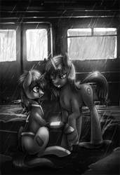Size: 683x1000 | Tagged: safe, artist:limreiart, part of a set, oc, oc only, oc:homage, oc:littlepip, species:pony, species:unicorn, fallout equestria, bedroom eyes, black and white, chest fluff, clothing, cutie mark, fanfic, fanfic art, female, grayscale, grin, hoof fluff, hooves, horn, lesbian, mare, monochrome, oc x oc, pipbuck, rain, raised hoof, shipping, sitting, smiling, standing, vault suit, wet mane