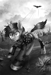 Size: 683x1000 | Tagged: safe, artist:limreiart, part of a set, oc, oc only, oc:calamity, oc:littlepip, species:pegasus, species:pony, species:unicorn, fallout equestria, clothing, dead tree, dirty, fanfic, fanfic art, female, grayscale, horn, jacket, male, mare, monochrome, pipbuck, stallion, this will end in tears, tree, wasteland
