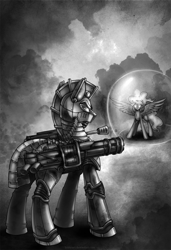 Size: 683x1000 | Tagged: safe, artist:limreiart, part of a set, oc, oc only, oc:steelhooves, species:alicorn, species:earth pony, species:pony, fallout equestria, armor, artificial alicorn, fanfic, fanfic art, force field, glowing horn, grayscale, gun, hooves, horn, magic, male, minigun, monochrome, power armor, powered exoskeleton, spread wings, stallion, steel ranger, weapon, wings