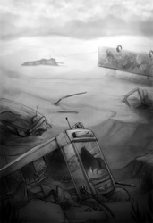 Size: 683x1000 | Tagged: safe, artist:limreiart, part of a set, fallout equestria, billboard, bus, grayscale, monochrome, no pony, scenery