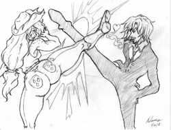 Size: 1060x800 | Tagged: safe, artist:irie-mangastudios, character:applejack, species:human, applebucking thighs, applebutt, ass, cigarette, crossover, evenly matched, humanized, kicking, monochrome, one piece, pencil drawing, pirate, smoking, traditional art, vinsmoke sanji