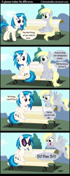 Size: 1000x2500 | Tagged: safe, artist:coltsteelstallion, character:derpy hooves, character:dj pon-3, character:vinyl scratch, species:pegasus, species:pony, comic, dialogue, female, mare, sunglasses, tower of pimps