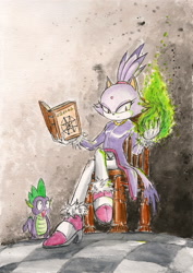 Size: 1637x2307 | Tagged: safe, artist:souleatersaku90, character:spike, actor allusion, blaze the cat, book, crossed legs, crossover, fanfic, fanfic art, fire, green fire, pyrokinesis, sonic the hedgehog (series)