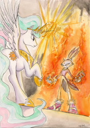 Size: 1634x2312 | Tagged: safe, artist:souleatersaku90, character:princess celestia, blaze the cat, chaos in equestria, commission, crossover, fanfic, fanfic art, fight, fire, pyrokinesis, sonic the hedgehog (series), traditional art, watercolor painting