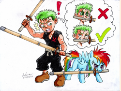 Size: 1200x900 | Tagged: safe, artist:irie-mangastudios, character:rainbow dash, crossover, dashface, filly rainbow dash, markers, one piece, roronoa zoro, shinai, thought bubble, traditional art, youth