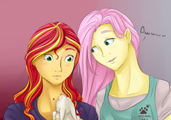 Size: 2000x1400 | Tagged: safe, artist:chiweee, character:fluttershy, character:sunset shimmer, species:rabbit, ship:sunshyne, my little pony:equestria girls, cute, female, lesbian, shimmerbetes, shipping