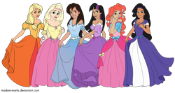 Size: 2816x1500 | Tagged: safe, artist:karmadash, artist:madam-marla, character:applejack, character:fluttershy, character:pinkie pie, character:rainbow dash, character:rarity, character:twilight sparkle, species:human, disney princess, humanized, lineart re-colour, mane six