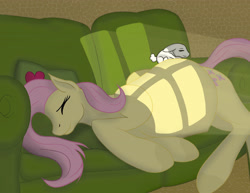 Size: 4356x3366 | Tagged: safe, artist:equum_amici, artist:patch, character:angel bunny, character:fluttershy, belly, eyes closed, on side, pregnant, sleeping, smiling, sunrise