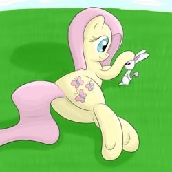 Size: 3500x3500 | Tagged: safe, artist:fauzart, character:angel bunny, character:fluttershy, grass, petting, plot