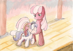 Size: 2332x1643 | Tagged: safe, artist:souleatersaku90, character:cheerilee, character:diamond tiara, comfort, comforting, commission, crying, fanfic, fanfic art, filly, foal, implied death, sad, the simple life, traditional art, watercolor painting