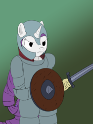 Size: 600x800 | Tagged: safe, artist:halflingpony, character:rarity, species:anthro, armor, female, my little art challenge, shield, solo, sword