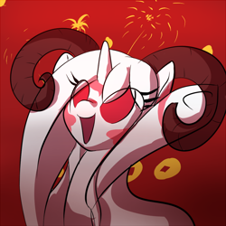Size: 900x901 | Tagged: safe, artist:celerypony, oc, oc only, oc:celery, species:sheep, blushing, cheering, cute, happy, horns, lunar new year, open mouth, smiling, solo, underhoof, year of the sheep