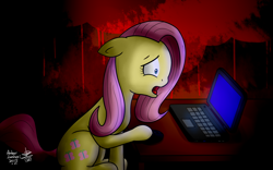 Size: 1920x1200 | Tagged: safe, artist:vanillafox2035, character:fluttershy, blood, computer, fear, female, mousepad, solo