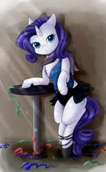Size: 1600x2600 | Tagged: safe, artist:chiweee, character:rarity, species:pony, bipedal, bipedal leaning, clothing, female, leaning, looking at you, saloon dress, scarf, shoes, solo, streamers, table