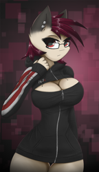 Size: 864x1500 | Tagged: safe, artist:ninjapony, oc, oc only, species:anthro, anthro oc, boob window, cleavage, clothing, female, glasses, keyhole turtleneck, mass effect, n7, open-chest sweater, piercing, solo, sweater, turtleneck
