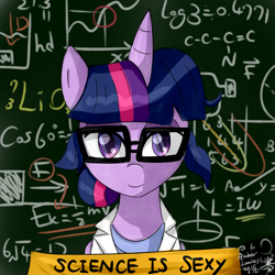 Size: 1200x1200 | Tagged: dead source, safe, artist:vanillafox2035, character:twilight sparkle, character:twilight sparkle (scitwi), species:eqg human, alternate hairstyle, chemistry, female, glasses, looking at you, math, ponified, ponified humanized pony, science, scientist, scitwilicorn, smiling, solo