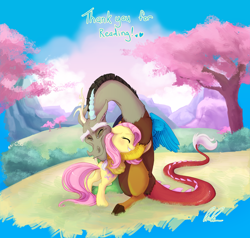 Size: 1152x1098 | Tagged: safe, artist:c-puff, character:discord, character:fluttershy, species:draconequus, species:pegasus, species:pony, ship:discoshy, blushing, bush, cherry blossoms, cloud, crying, cute, discute, eyes closed, female, happy, heart, heartwarming, hug, male, mare, mountain, shipping, shyabetes, sitting, smiling, standing, straight, sweet dreams fuel, tears of joy, text, tree, wholesome
