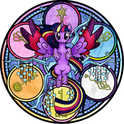 Size: 4500x4500 | Tagged: safe, artist:akili-amethyst, character:twilight sparkle, character:twilight sparkle (alicorn), species:alicorn, species:pony, episode:twilight's kingdom, g4, my little pony: friendship is magic, absurd resolution, colored wings, dive to the heart, female, keys of harmony, kingdom hearts, mare, multicolored hair, multicolored wings, rainbow hair, rainbow power, rainbow power-ified, rainbow tail, rainbow wings, solo, spread wings, stained glass, wings