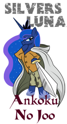 Size: 896x1649 | Tagged: safe, artist:killkatt, character:princess luna, species:pony, bipedal, clothing, crossover, female, one piece, parody, silvers rayleigh, simple background, solo, sword, text, transparent background, weapon