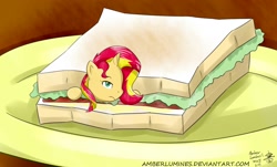Size: 1600x967 | Tagged: safe, artist:vanillafox2035, character:sunset shimmer, species:pony, female, micro, ponies in food, sandwich, solo, sunset shimmer dressing up as food, tiny ponies