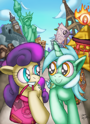 Size: 2508x3468 | Tagged: safe, artist:cazra, character:bon bon, character:lyra heartstrings, character:sweetie drops, species:earth pony, species:pony, species:unicorn, area 51, big ben, colosseum, duo, earth, eiffel tower, great wall of china, high res, pyramid, smiling, statue of liberty