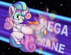 Size: 3600x2800 | Tagged: safe, artist:cazra, character:sweetie belle, species:pony, species:unicorn, sweetie bot, female, filly, foal, high res, hooves, horn, megaman, megamare, robot, smiling, solo, teeth, text