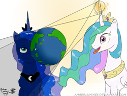 Size: 1600x1200 | Tagged: dead source, safe, artist:vanillafox2035, character:princess celestia, character:princess luna, species:pony, alicorn eclipse, catasterism, eclipse, giant pony, happy, lunar eclipse, macro, pony bigger than a planet, sillestia, silly, silly pony, tongue out, unamoosed face, unamused