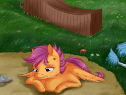 Size: 4000x3000 | Tagged: safe, artist:chiweee, character:scootaloo, species:pegasus, species:pony, crying, feels, female, ramp, sad, scooter, solo