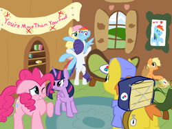 Size: 1600x1200 | Tagged: safe, artist:tanmansmantan, character:applejack, character:fluttershy, character:pinkie pie, character:rainbow dash, character:rarity, character:twilight sparkle, character:twilight sparkle (alicorn), species:alicorn, species:pony, catering, domino's, domino's pizza, dominos, female, group, intervention, mare, pizza