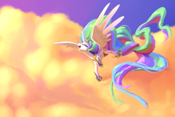 Size: 3048x2048 | Tagged: safe, artist:nadnerbd, character:princess celestia, species:alicorn, species:pony, beautiful, cloud, cute, cutelestia, eyes closed, female, flying, happy, long mane, majestic, mare, open mouth, sky, solo