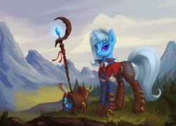 Size: 1920x1372 | Tagged: safe, artist:asimos, character:trixie, species:pony, species:unicorn, alternate hairstyle, backpack, book, clothing, fantasy class, featured on derpibooru, female, forest, glow, grass, looking at you, mare, mountain, outdoors, potion, scenery, scroll, smiling, solo, staff, wizard