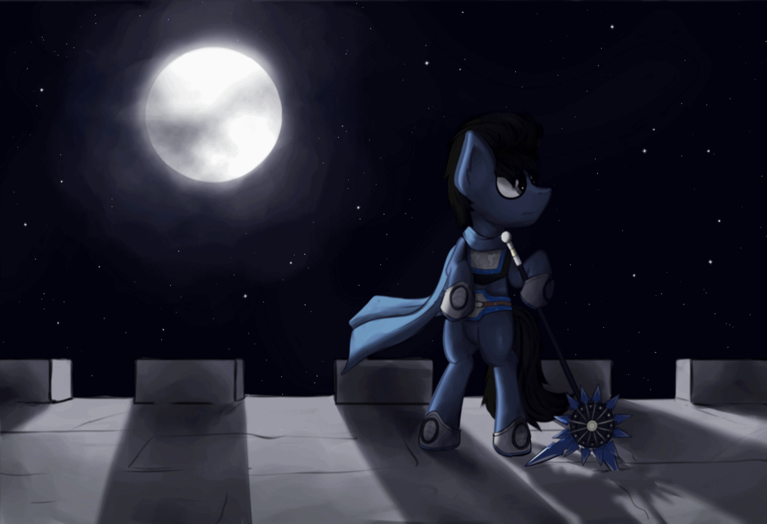 Size: 1582x1080 | Tagged: safe, artist:equum_amici, artist:marsminer, animated, cinemagraph, dynasty warriors, li dian, moon, night, ponified, pose, stars