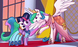 Size: 3284x1966 | Tagged: safe, artist:nadnerbd, character:princess celestia, character:twilight sparkle, character:twilight sparkle (alicorn), species:alicorn, species:pony, episode:make new friends but keep discord, g4, my little pony: friendship is magic, clothing, cute, cutelestia, dress, feather fingers, female, frown, gala dress, mare, open mouth, raised hoof, scene interpretation, smiling, spread wings, wing hands, wing hold, wingers, wings