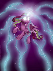 Size: 1500x2000 | Tagged: safe, artist:frostykat13, character:princess cadance, species:alicorn, species:pony, my little pony chapter books, ascension, female, floppy ears, flying, glowing eyes, lightning, magic, solo, twilight sparkle and the crystal heart spell