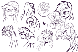 Size: 3048x2048 | Tagged: safe, artist:nadnerbd, character:pinkamena diane pie, character:pinkie pie, character:princess celestia, character:rainbow dash, character:twilight sparkle, monochrome, portrait, sketch, sketch dump