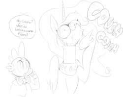 Size: 731x578 | Tagged: safe, artist:sunibee, character:princess celestia, character:spike, bow tie, clothing, cough, coughing, eye bulging, monochrome, nervous, sketch, suit, the birds and the bees, the talk